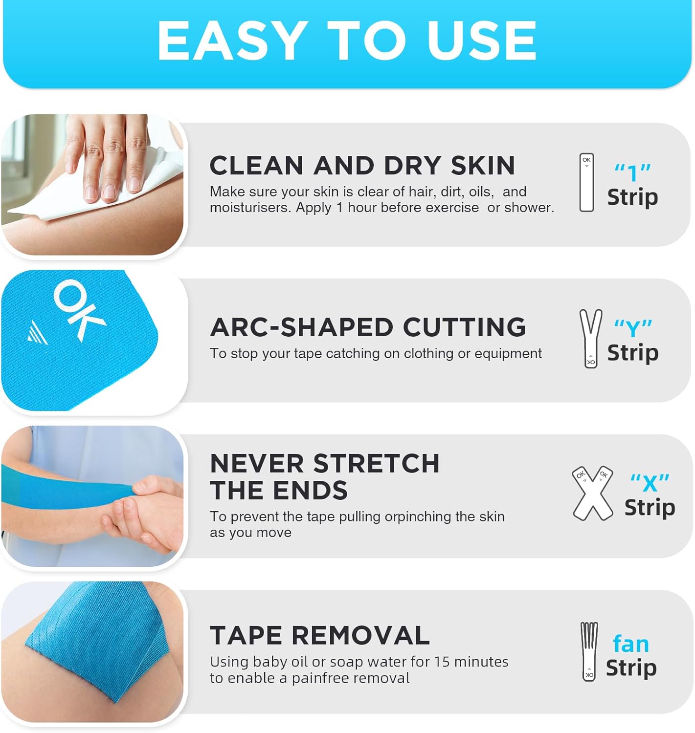 Kinesiology Tape, 40 Count Precut Strips 2 Rolls, Original Cotton Elastic Athletic Tape for Muscle Strain Relief & Joint Support, Waterproof & Breathable Sports Tape