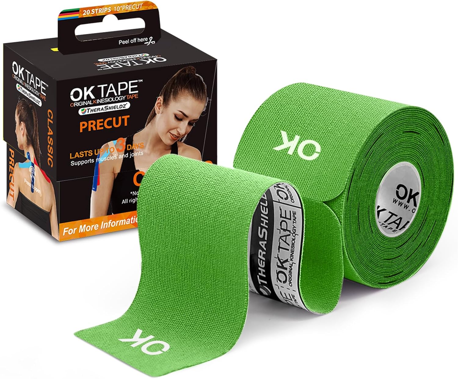 Kinesiology Tape, 40 Count Precut Strips 2 Rolls, Original Cotton Elastic Athletic Tape for Muscle Strain Relief & Joint Support, Waterproof & Breathable Sports Tape