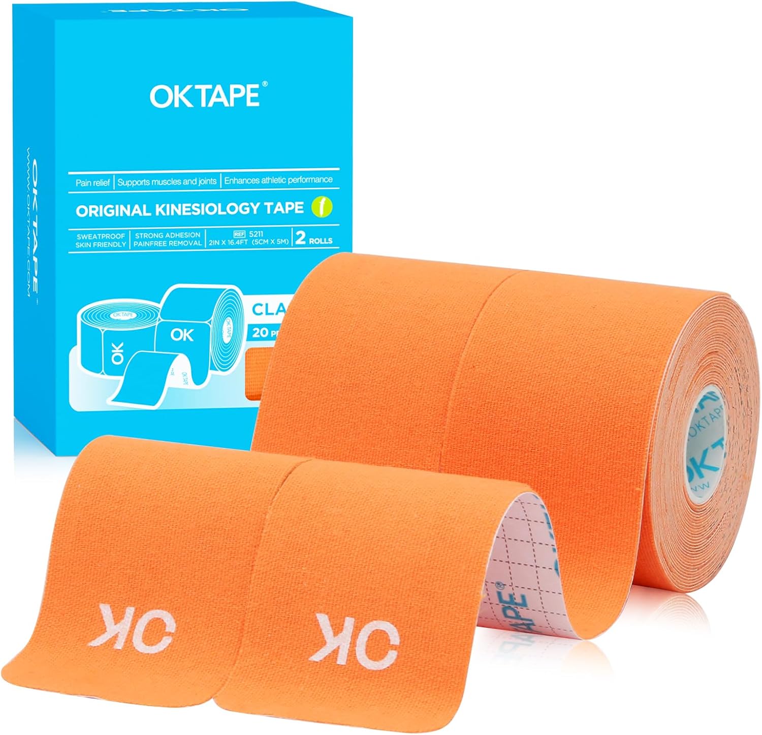 Kinesiology Tape, 40 Count Precut Strips 2 Rolls, Original Cotton Elastic Athletic Tape for Muscle Strain Relief & Joint Support, Waterproof & Breathable Sports Tape