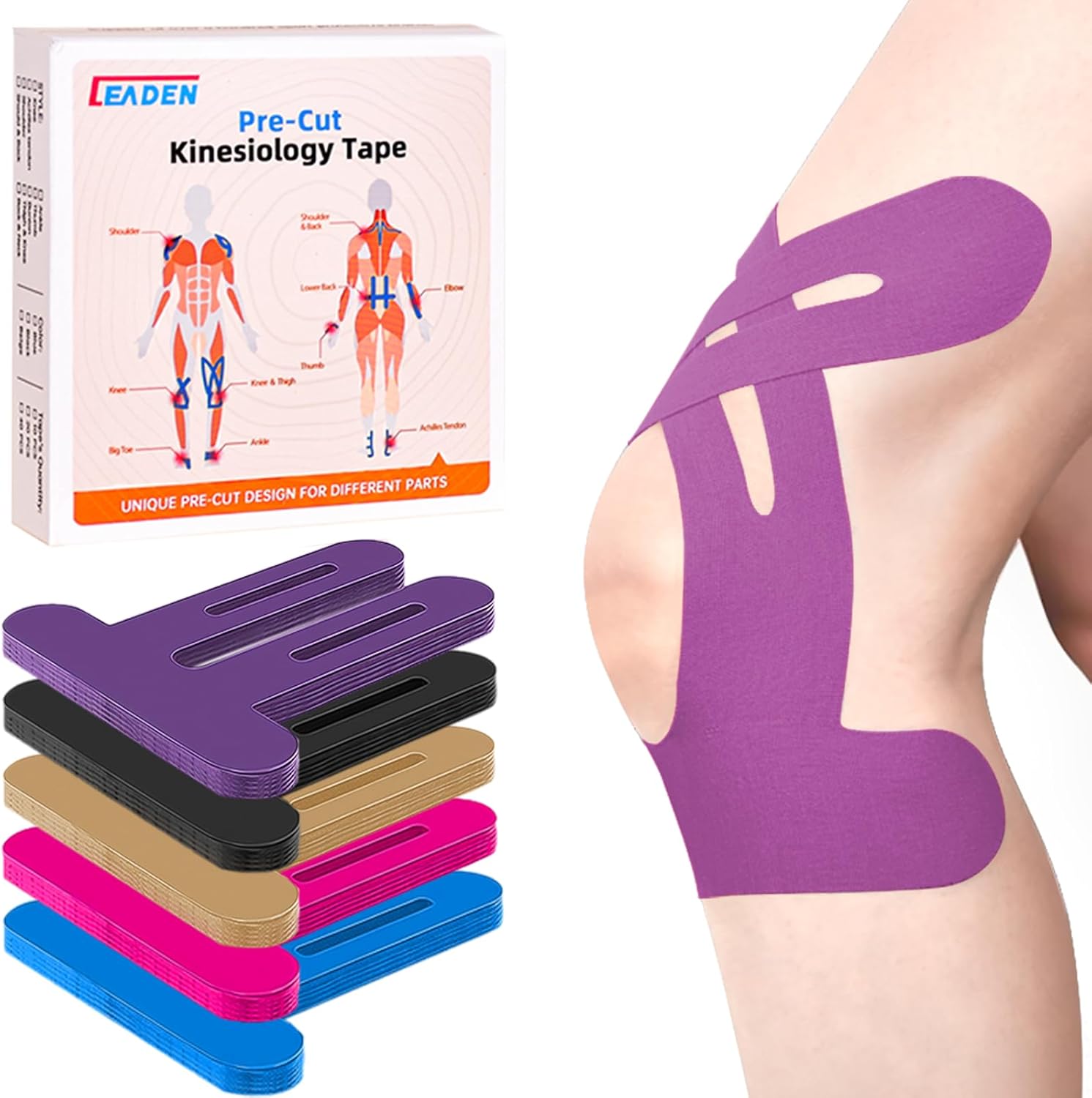 Precut Kinesiology Tape for Knees, 10 Pcs - Knee Support & Stability, Knee Pain Relief Athletic Tape - Waterproof & Elastic, Breathable Hypoallergenic Latex-Free Tape