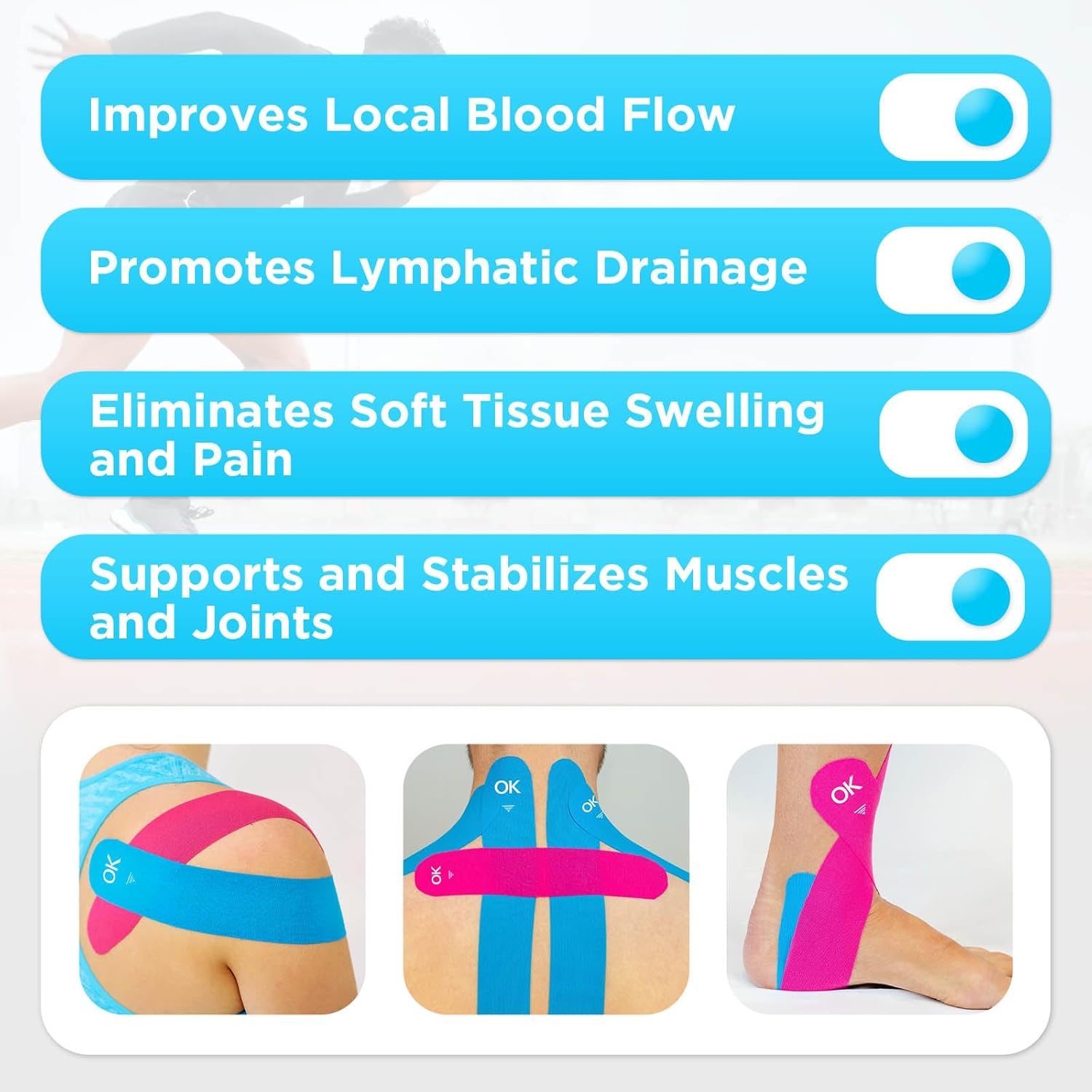 Kinesiology Tape, 40 Count Precut Strips 2 Rolls, Original Cotton Elastic Athletic Tape for Muscle Strain Relief & Joint Support, Waterproof & Breathable Sports Tape