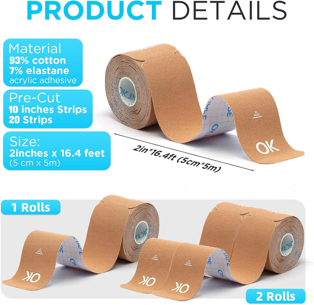 Kinesiology Tape, 40 Count Precut Strips 2 Rolls, Original Cotton Elastic Athletic Tape for Muscle Strain Relief & Joint Support, Waterproof & Breathable Sports Tape