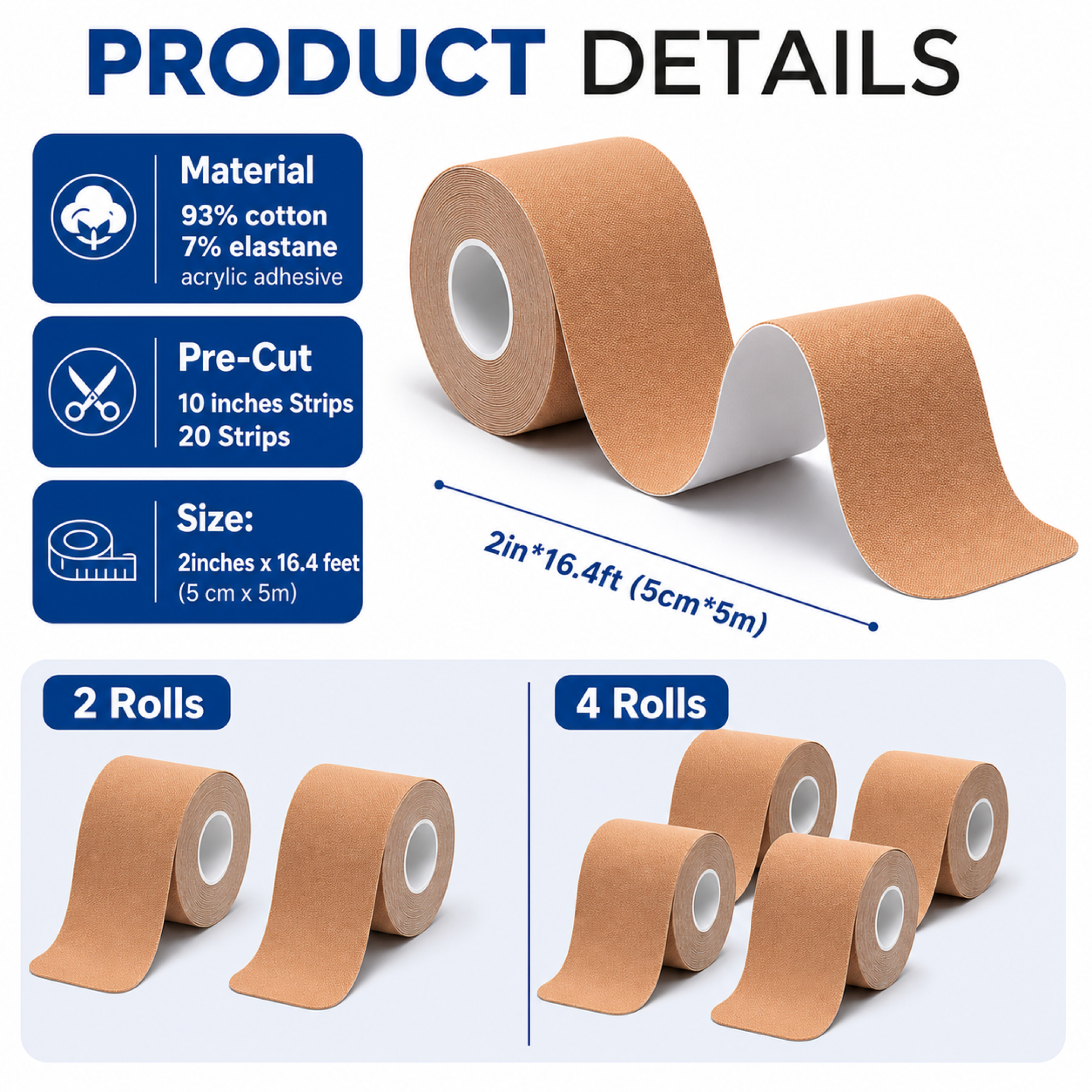 Kinesiology Tape, 40 Count Pre-Cut Strips 2 Rolls, Original Cotton Elastic Athletic Tape for Muscle Strain Relief & Joint Support, Waterproof & Breathable Sports Tape