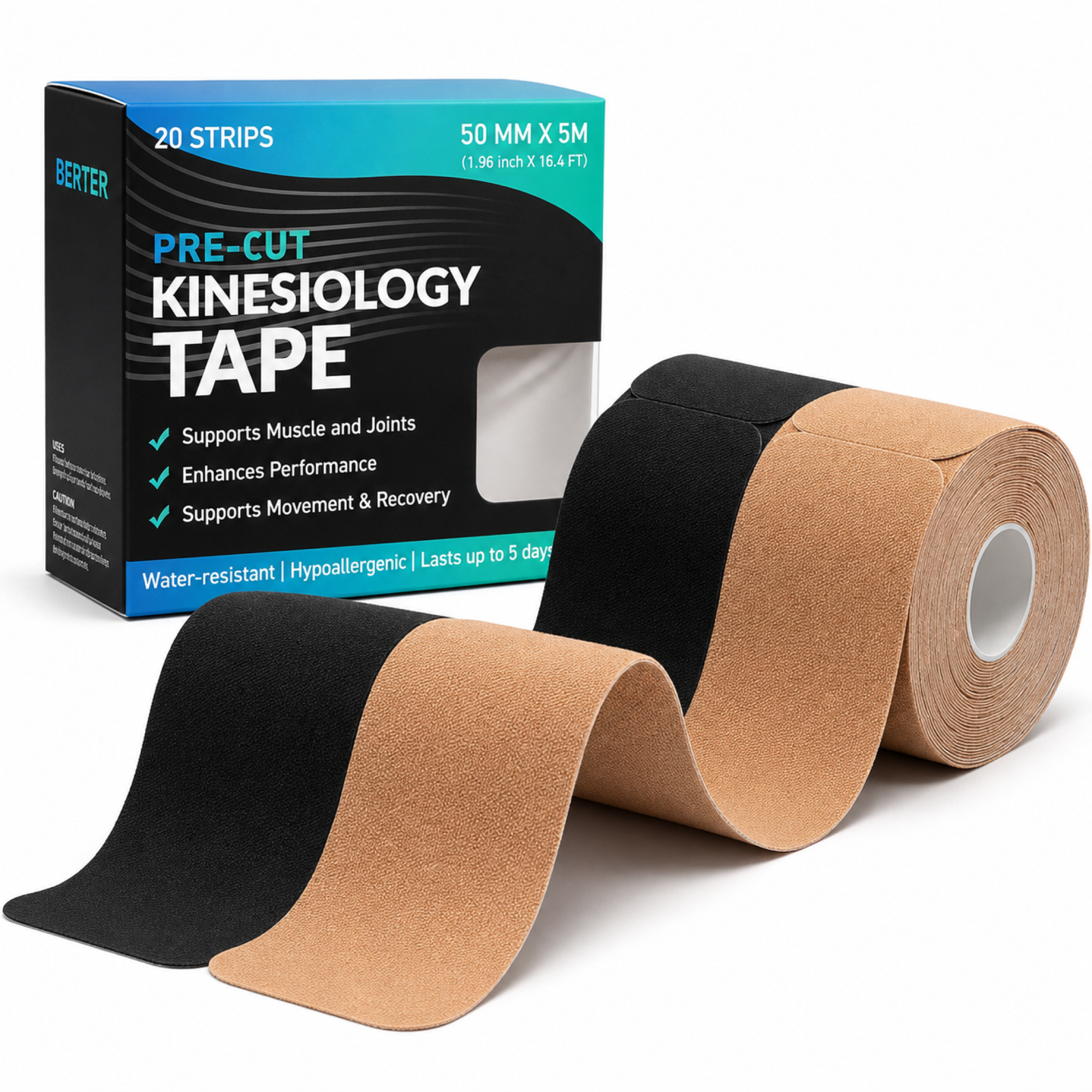 Kinesiology Tape, 40 Count Pre-Cut Strips 2 Rolls, Original Cotton Elastic Athletic Tape for Muscle Strain Relief & Joint Support, Waterproof & Breathable Sports Tape